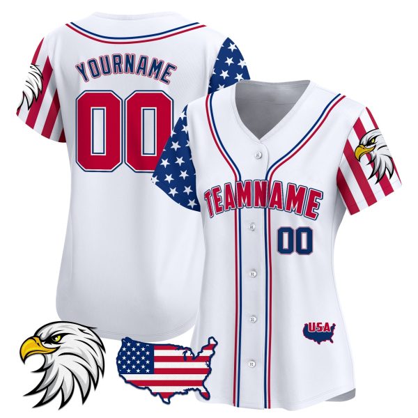 White Red - Royal Independence Day Bald Eagle Patch Personalized Baseball Jersey - Image 2