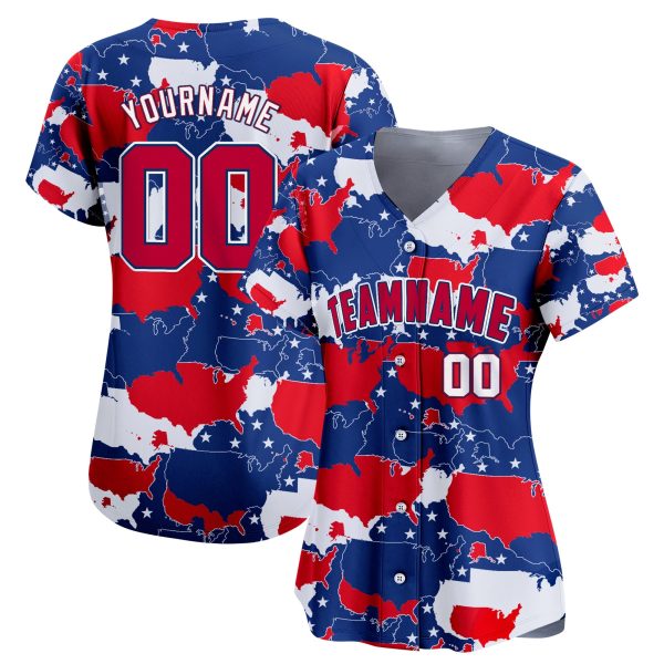Red Royal Camo Red - White 4th Of July American Map Pattern Personalized Baseball Jersey - Image 2