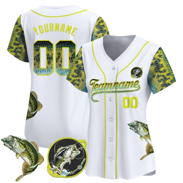 White Green - Yellow Bass Fishing Personalized Baseball Jersey - Image 2