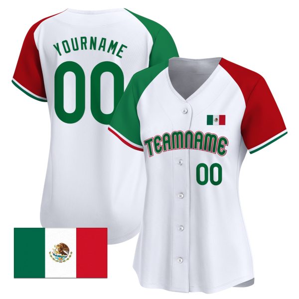 White Alternate Green - Red Mexican Flag Sleeve Stripes Personalized Baseball Jersey - Image 2