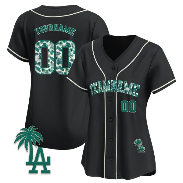 Black Green Tropical Floral Pattern Personalized Baseball Jersey - Image 2