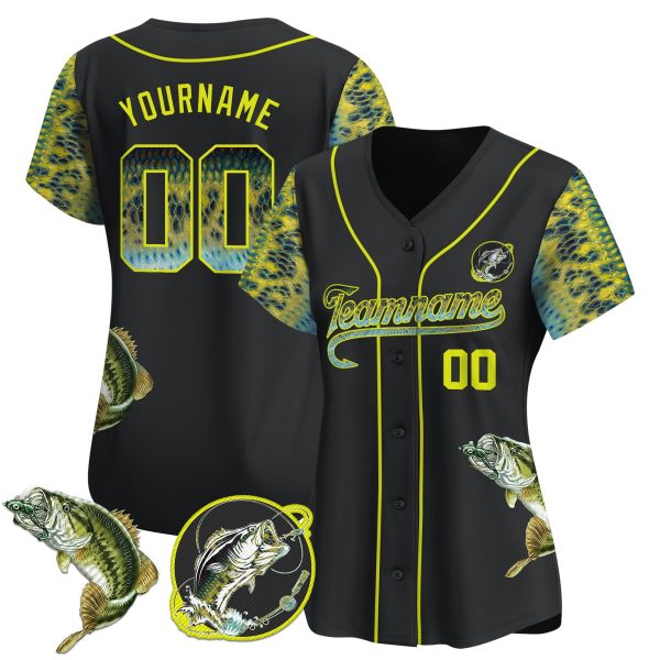 Black Green- Yellow Bass Fishing Personalized Baseball Jersey - Image 2