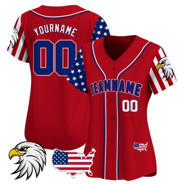 Red White- Red Independence Day Bald Eagle Patch Personalized Baseball Jersey - Image 2