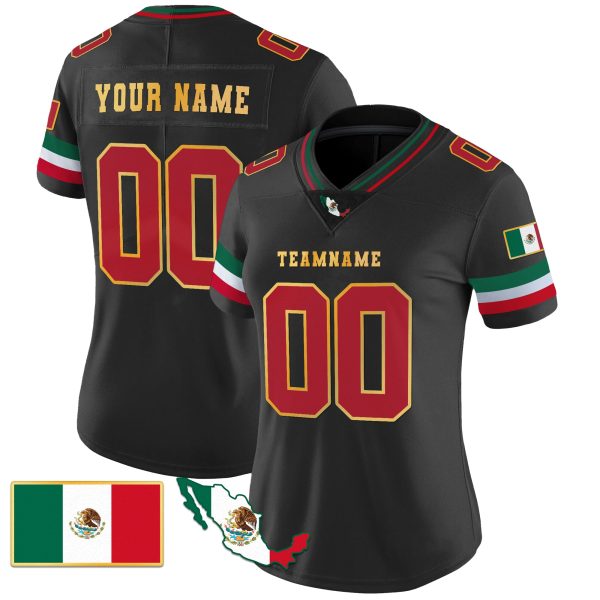 Black Red - Gold Trim Mexico Personalized Football Jersey - Image 2
