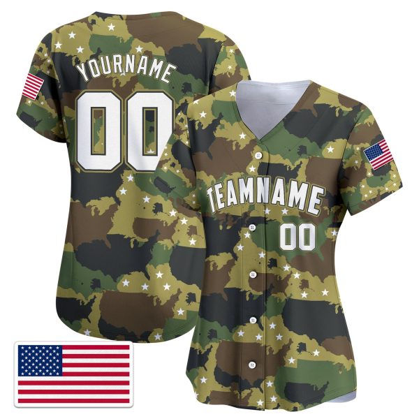 Green Camo White 4th Of July American Map Pattern Personalized Baseball Jersey - Image 2