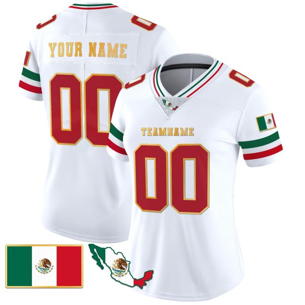 White Red - Gold Trim Mexico Personalized Football Jersey - Image 2