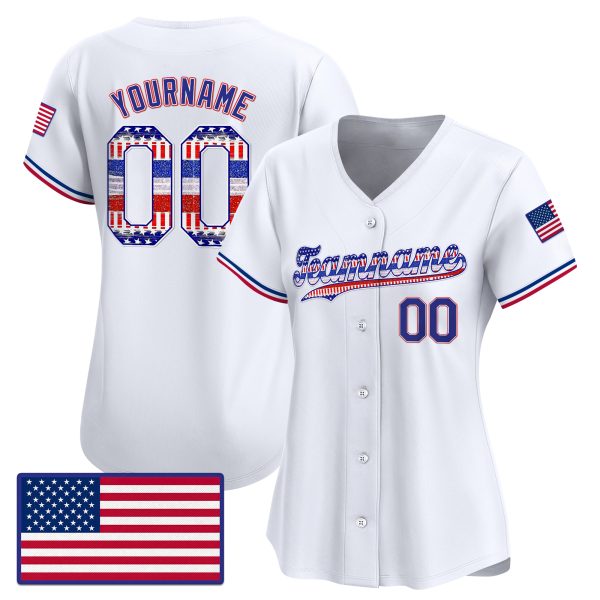 White Royal Red - Royal 4th Of July American Flag Glitter Pattern Personalized Baseball Jersey - Image 2