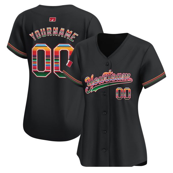 Black Mexico Flag Serape Pattern Personalized Baseball Jersey - Image 2