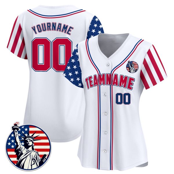 White Red - Royal Independence Day Statue of Liberty Patch Personalized Baseball Jersey - Image 2