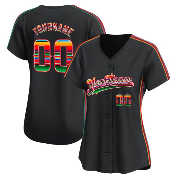 Black Green - Red Mexico Serape Pattern Personalized Baseball Jersey - Image 2