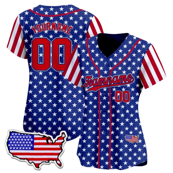 Royal Star Red Independence Day Color Sleeve Personalized Baseball Jersey - USA Map - Image 2