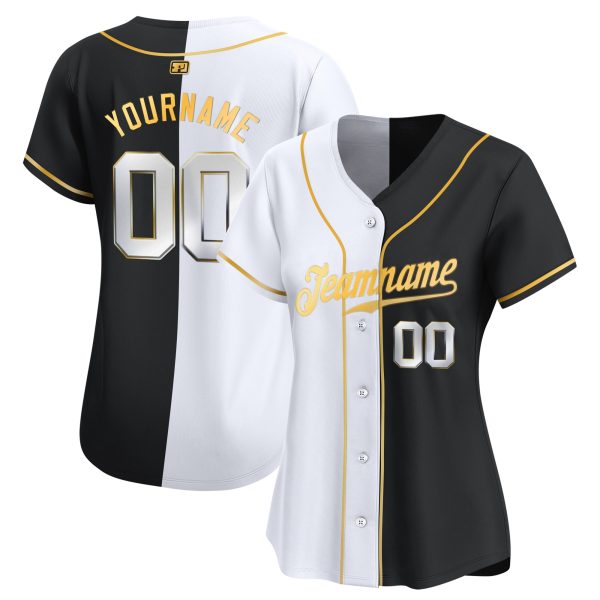 Black White - Gold Split Fashion Personalized Baseball Jersey - Image 2