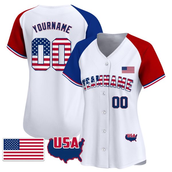 White Alternate Royal - Red American Flag Personalized Baseball Jersey - Image 2