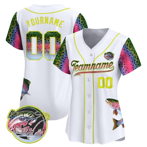 White Green - Yellow Rainbow Trout Fishing Personalized Baseball Jersey - Image 2