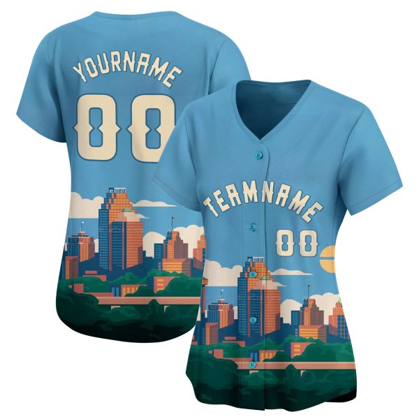 Light Blue White 3D San Antonio City Texas Pattern Personalized Baseball Jersey - Image 2