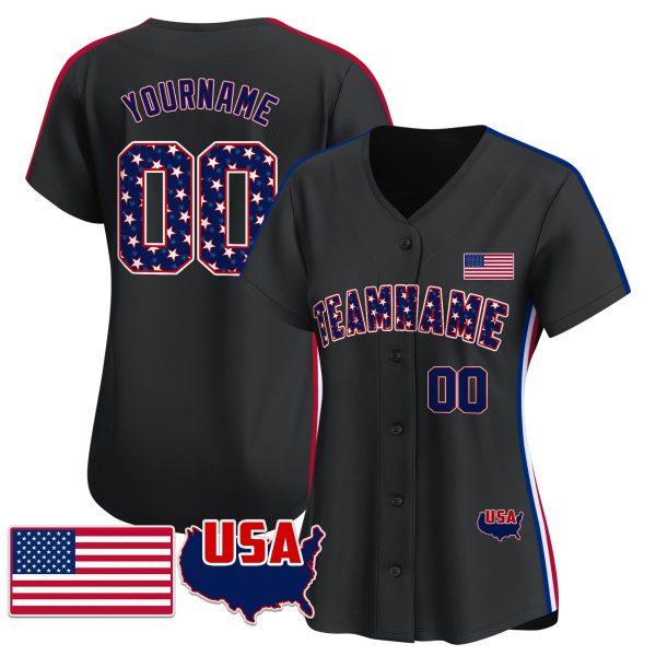 Black Royal - Red Star & Stripes Pattern Personalized Baseball Jersey - Image 2