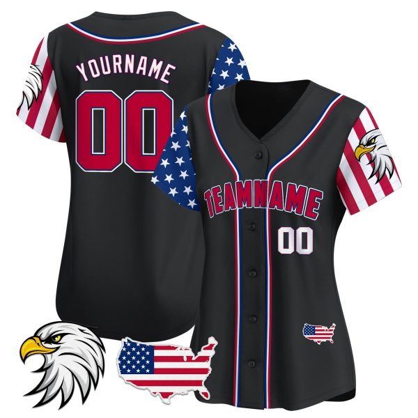 Black Red - White Independence Day Bald Eagle Patch Personalized Baseball Jersey - Image 2