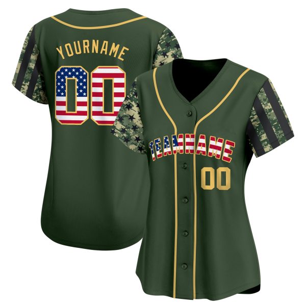 Green Camo USA Flag - Gold Personalized Baseball Jersey - Image 2