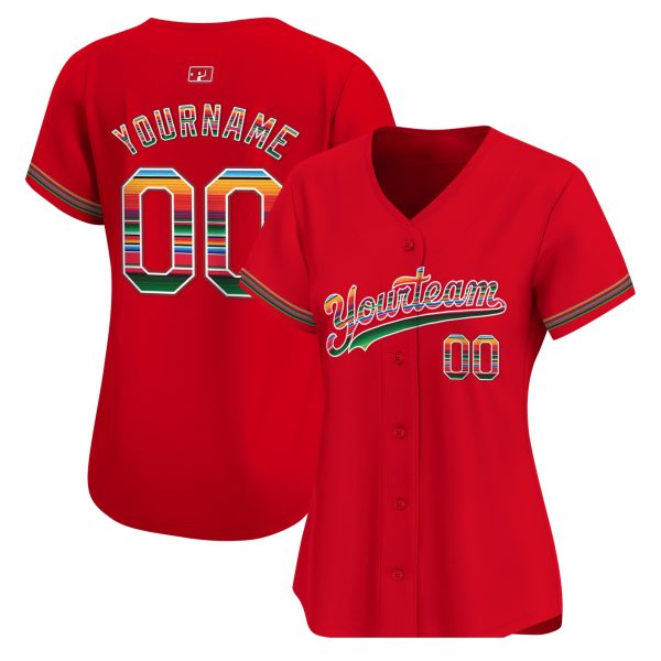 Red Mexico Serape Pattern Personalized Baseball Jersey - Image 2