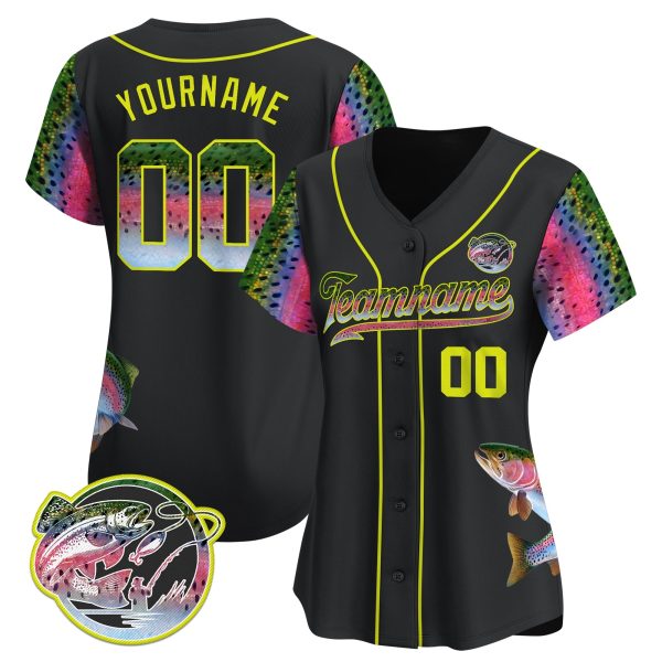 Black Green - Yellow Rainbow Trout Fishing Personalized Baseball Jersey - Image 2