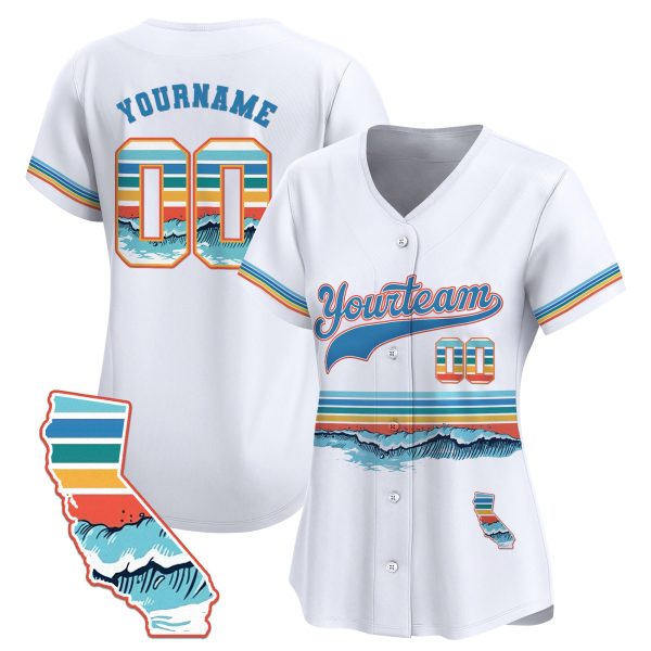 3D White California Wave Pattern Personalized Baseball Jersey - Image 2