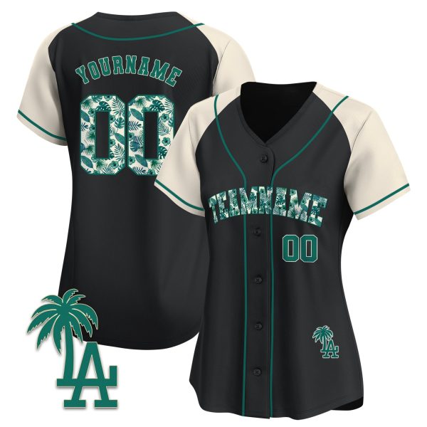 Black Alternate Green Tropical Floral Pattern Personalized Baseball Jersey - Image 2