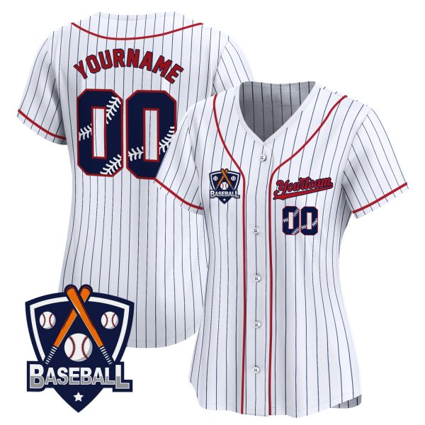 White Navy Pinstripe Navy Red Personalized Baseball Jersey - Image 2