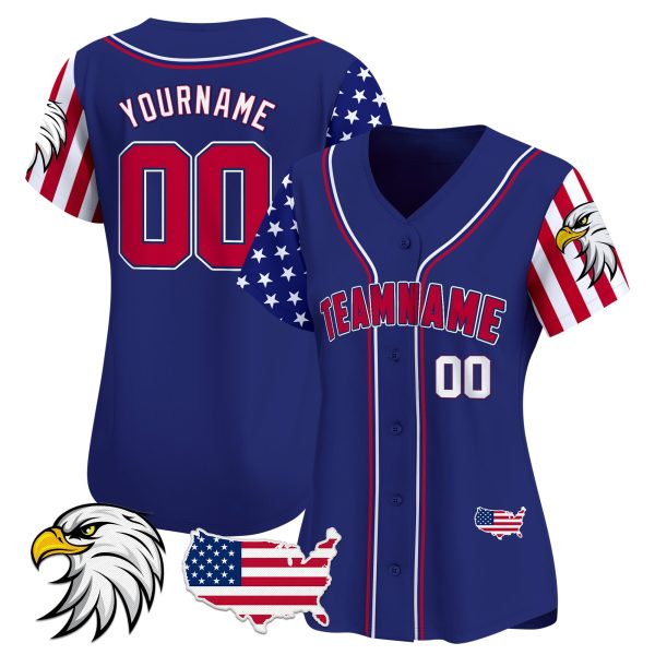 Royal Red - White Independence Day Bald Eagle Patch Personalized Baseball Jersey - Image 2