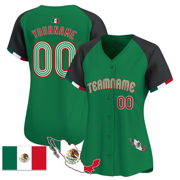 Green Alternate Green- Red Mexico Personalized Baseball Jersey - Mexico Map - Image 2