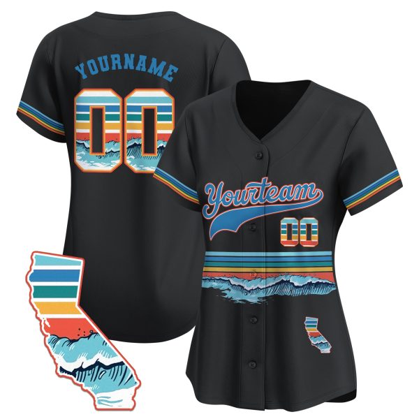 3D Black California Wave Pattern Personalized Baseball Jersey - Image 2