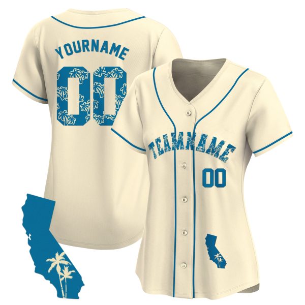 Cream Blue Palm Trees California Map Personalized Baseball Jersey - Image 2