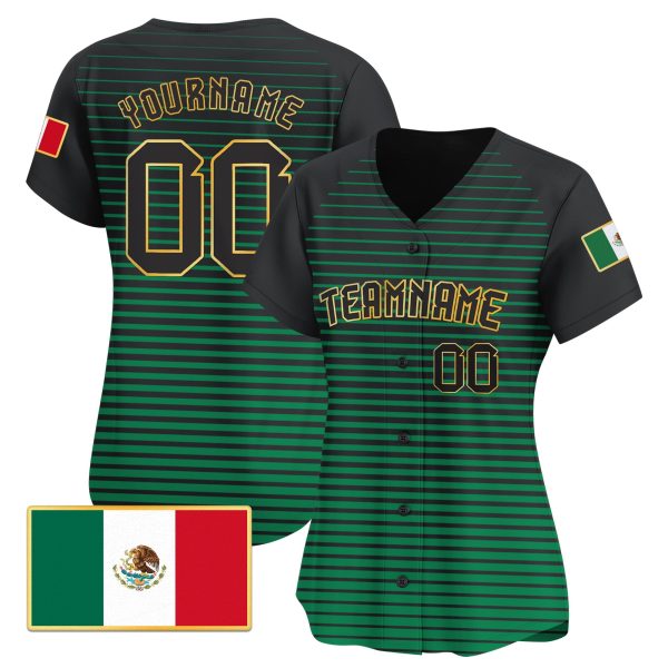 Green Black Gold - Black Mexico Horizontal Line Pattern Personalized Baseball Jersey - Image 2