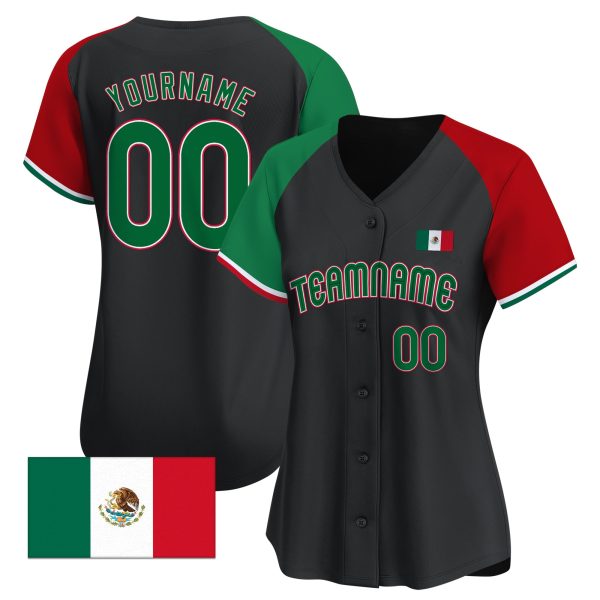 Black Alternate Green - Red Mexican Flag Sleeve Stripes Personalized Baseball Jersey - Image 2