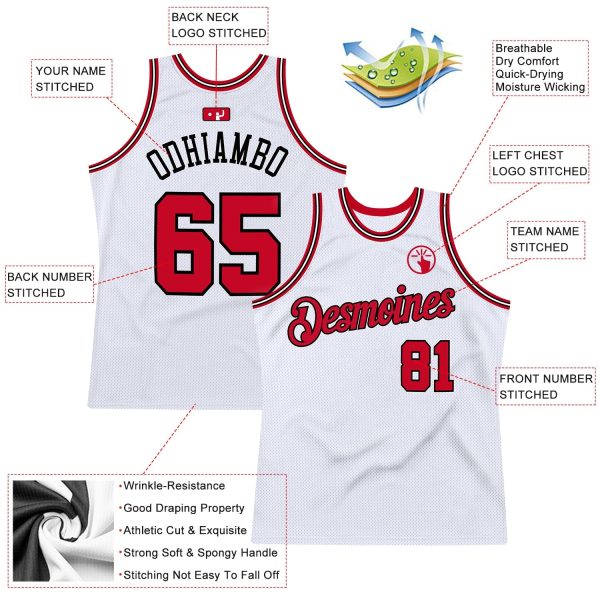 White Red-Black Authentic Throwback Personalized Basketball Jersey - Image 2