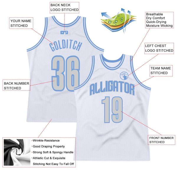 White Light Gray-Light Blue Authentic Throwback Personalized Basketball Jersey - Image 3
