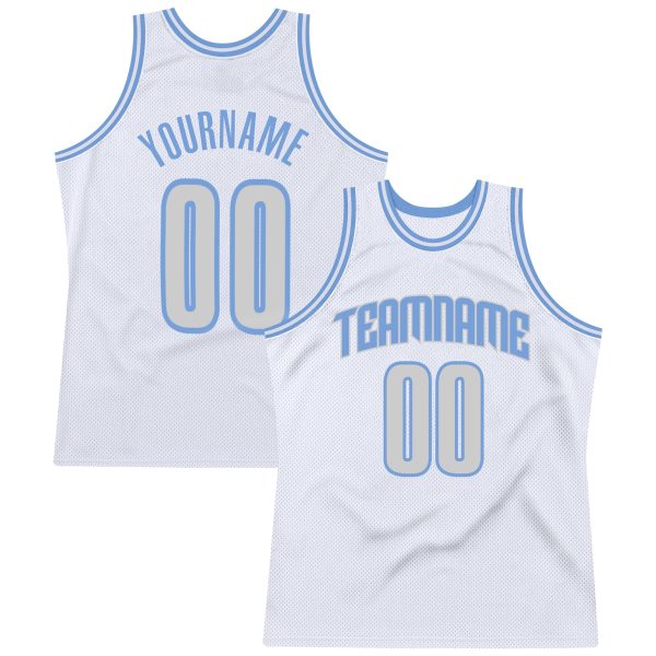 White Light Gray-Light Blue Authentic Throwback Personalized Basketball Jersey