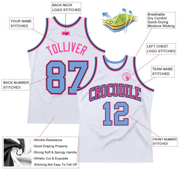 White Light Blue-Pink Authentic Throwback Personalized Basketball Jersey - Image 2
