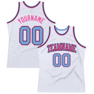 White Light Blue-Pink Authentic Throwback Personalized Basketball Jersey