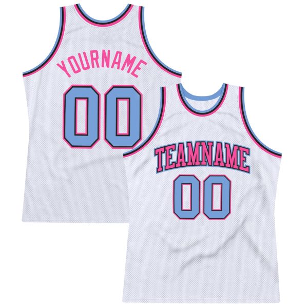 White Light Blue-Pink Authentic Throwback Personalized Basketball Jersey