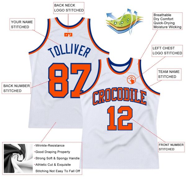 White Orange-Royal Authentic Throwback Personalized Basketball Jersey - Image 2