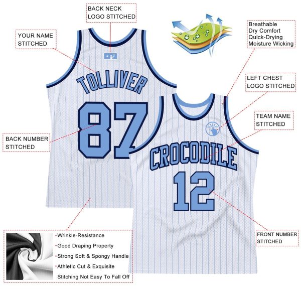 White Light Blue Pinstripe Light Blue-Navy Authentic Personalized Basketball Jersey - Image 2