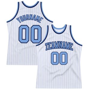 White Light Blue Pinstripe Light Blue-Navy Authentic Personalized Basketball Jersey