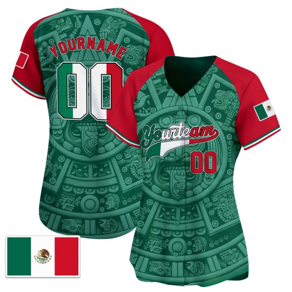 3D Green Alternate Red-White Aztec Mexico Pattern Personalized Baseball Jersey - Image 2