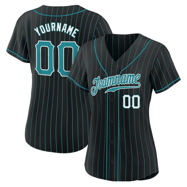 Black Aqua Pinstripe Teal-White Authentic Personalized Baseball Jersey - Image 2