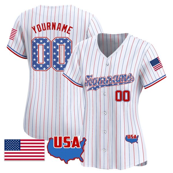 White Royal - Red Pinstripe Star Pattern Personalized Baseball Jersey - Image 2