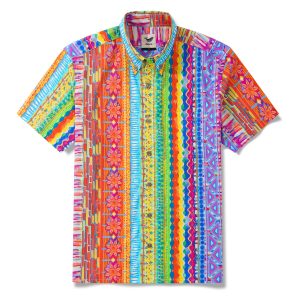 Hawaiian Shirt for Men - Striped Short Sleeve Button-Down Aloha Shirt with Geometric Dimensions in Red