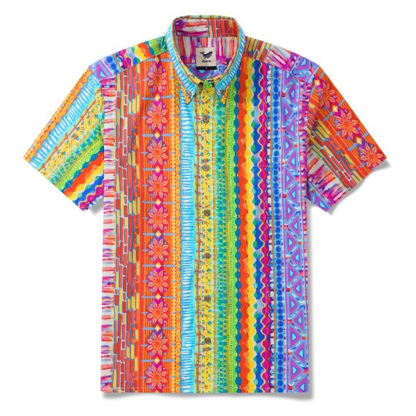 Hawaiian Shirt for Men - Striped Short Sleeve Button-Down Aloha Shirt with Geometric Dimensions in Red