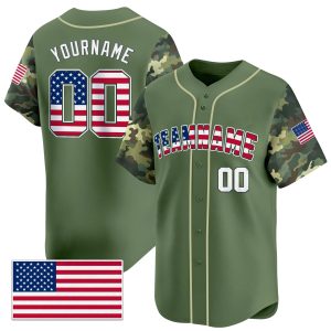 Green White Camo Personalized Baseball Jersey - USA Flag Patch