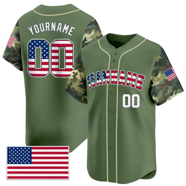 Green White Camo Personalized Baseball Jersey - USA Flag Patch