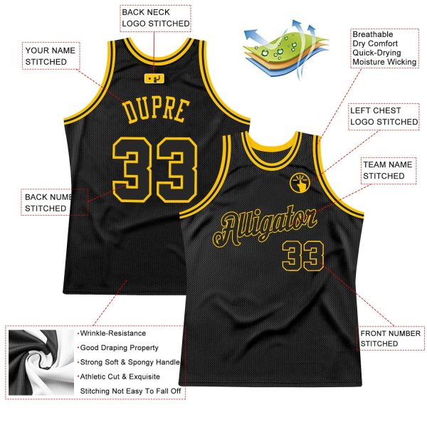 Black Black-Gold Authentic Throwback Personalized Basketball Jersey - Image 2